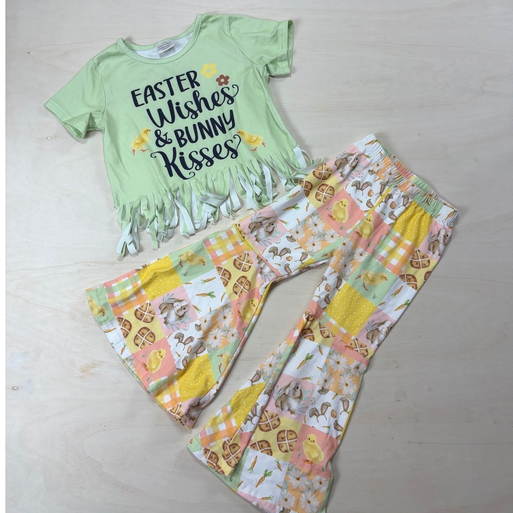 Easter Wishes Bunny Kisses Fringe Top & Patchwork Bell Bottom Pants Set 3-4Y